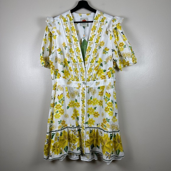 FARM Rio Dresses & Skirts - Farm Rio Women's XL Azaleia Mini Dress Off-White Yellow Floral Embroidered NWT